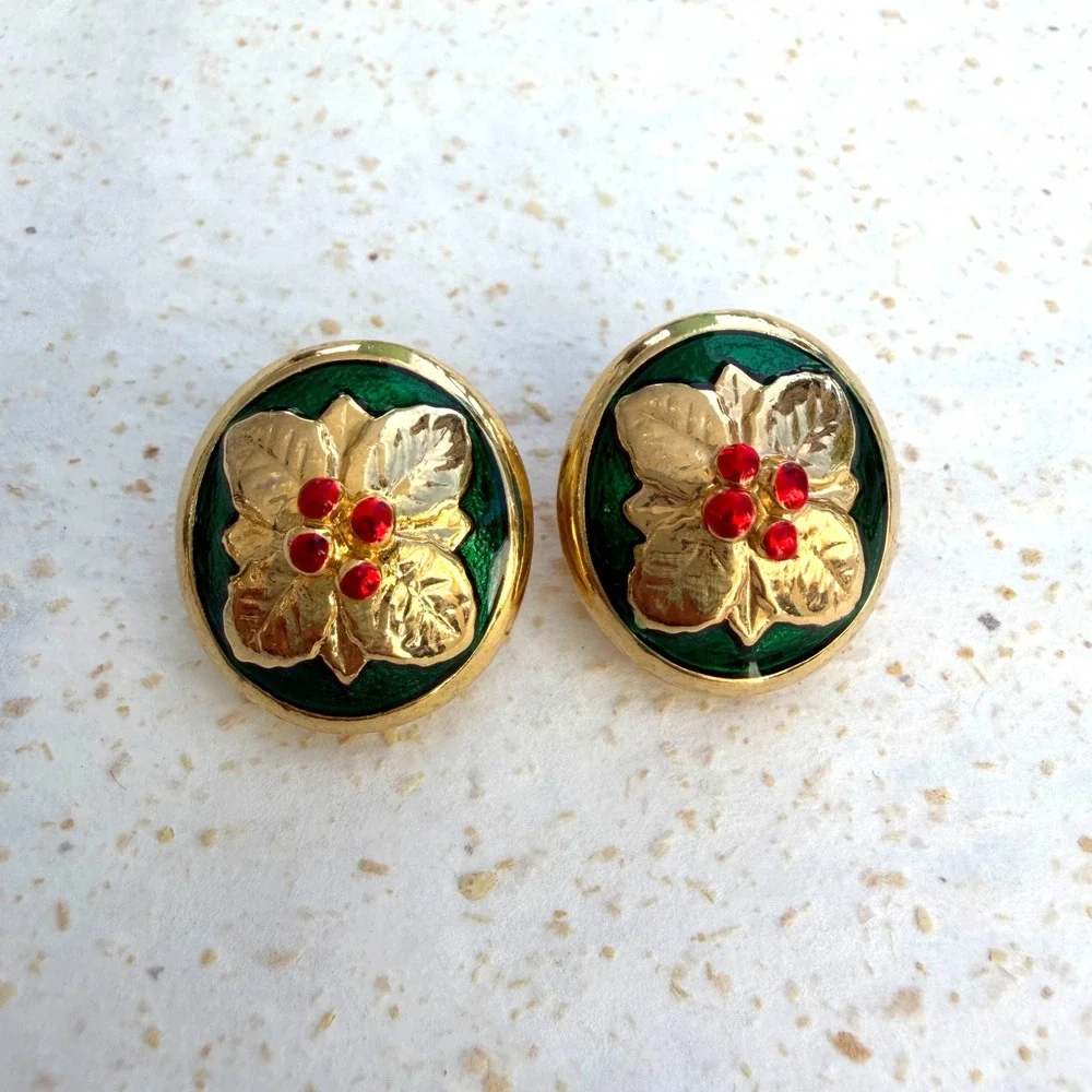 Vintage Danecraft Christmas Holly Berry Green Red Enamel Clip on Earrings Gold